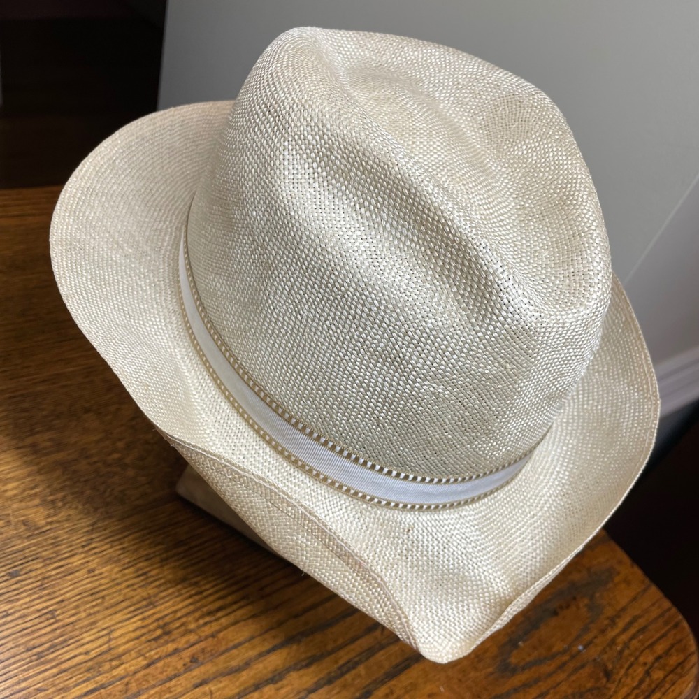 Stetson Straw Fedora Hat Cream Off White Woven Panama Style Size 7 5/8 61cm Luxe - Picture 11 of 15